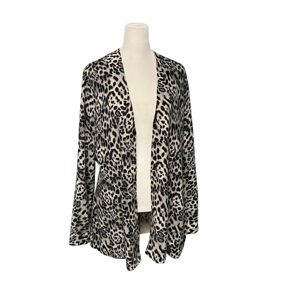 Charter Club 100% Cashmere Gray Black Leopard 2 Ply Open Cardigan Size Large